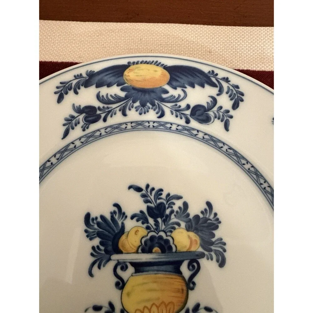Vista Alegre Viana Porcelain Plate Blue/ Yellow Urn w/ Fruit Made in Portugal 8”